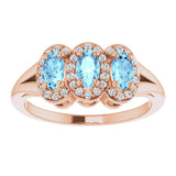 14K Gold Oval Natural Aquamarine & Natural Diamond Halo-Style Three-Stone Ring - Rose Gold - view 3