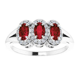 Platinum Oval Natural Mozambique Garnet & Natural Diamond Halo-Style Three-Stone Ring – 5x3mm - view 3