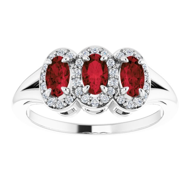Platinum Oval Natural Mozambique Garnet & Natural Diamond Halo-Style Three-Stone Ring – 5x3mm - view 3