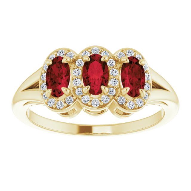 14K Gold Oval Natural Mozambique Garnet & Natural Diamond Halo-Style Three-Stone Ring – 5x3mm - Yellow Gold - view 3