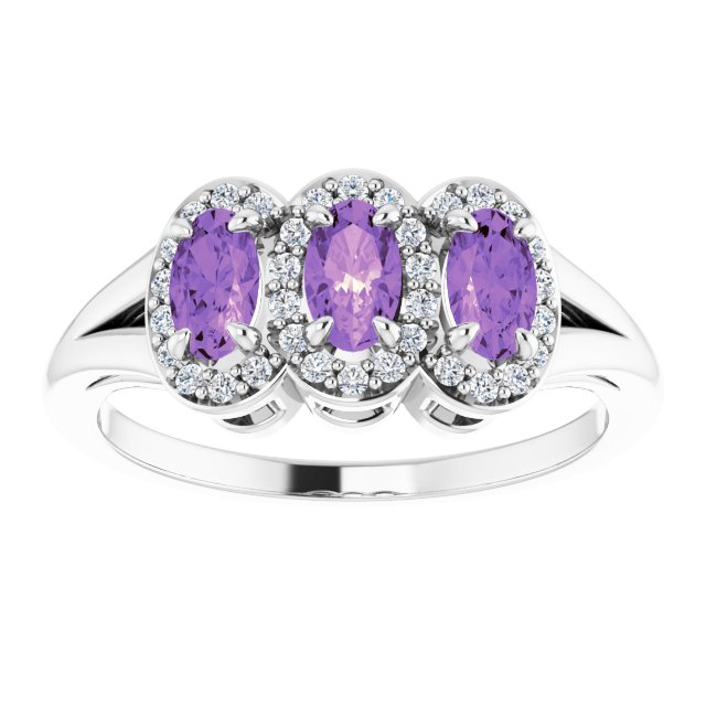 Platinum Oval Natural Amethyst & Natural Diamond Halo-Style Three-Stone Ring - view 3
