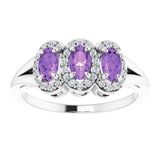 14K Gold Oval Natural Amethyst & Natural Diamond Halo-Style Three-Stone Ring - White Gold - view 3