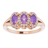 14K Gold Oval Natural Amethyst & Natural Diamond Halo-Style Three-Stone Ring - Rose Gold - view 3