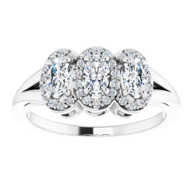 Platinum Oval Natural White Sapphire & Natural Diamond Halo-Style Three-Stone Ring - view 3