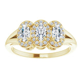 14K Gold Oval Natural White Sapphire & Natural Diamond Halo-Style Three-Stone Ring - Yellow Gold - view 3