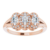 14K Gold Oval Natural White Sapphire & Natural Diamond Halo-Style Three-Stone Ring - Rose Gold - view 3