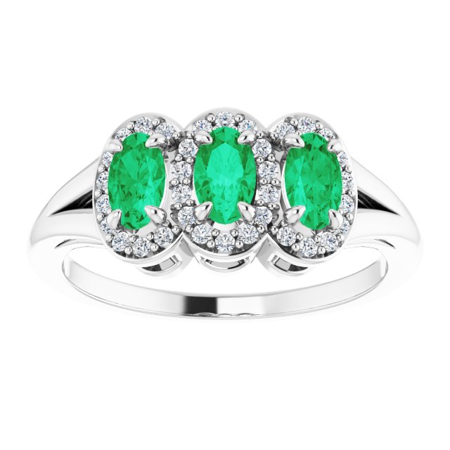 14K Gold Oval Lab-Grown Emerald & Natural Diamond Halo-Style Three-Stone Ring - White Gold - view 3