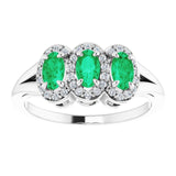 Platinum Oval Natural Emerald & Natural Diamond Halo-Style Three-Stone Ring - view 3