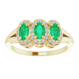 14K Gold Oval Lab-Grown Emerald & Natural Diamond Halo-Style Three-Stone Ring - Yellow Gold - view 3