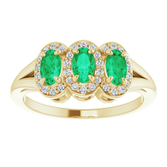 14K Gold Oval Lab-Grown Emerald & Natural Diamond Halo-Style Three-Stone Ring - Yellow Gold - view 3