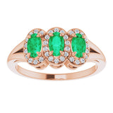 14K Gold Oval Lab-Grown Emerald & Natural Diamond Halo-Style Three-Stone Ring - Rose Gold - view 3