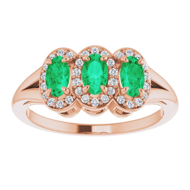14K Gold Oval Lab-Grown Emerald & Natural Diamond Halo-Style Three-Stone Ring - Rose Gold - view 3
