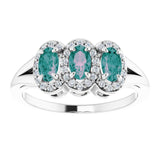 Platinum Oval Lab-Grown Alexandrite & Natural Diamond Halo-Style Three-Stone Ring - view 3