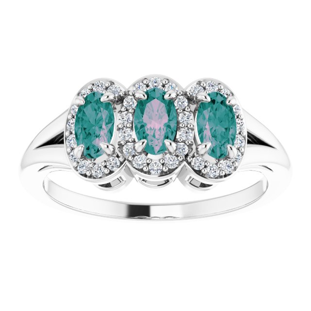 Platinum Oval Lab-Grown Alexandrite & Natural Diamond Halo-Style Three-Stone Ring - view 3