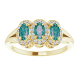 14K Gold Oval Lab-Grown Alexandrite & Natural Diamond Halo-Style Three-Stone Ring - Yellow Gold - view 3