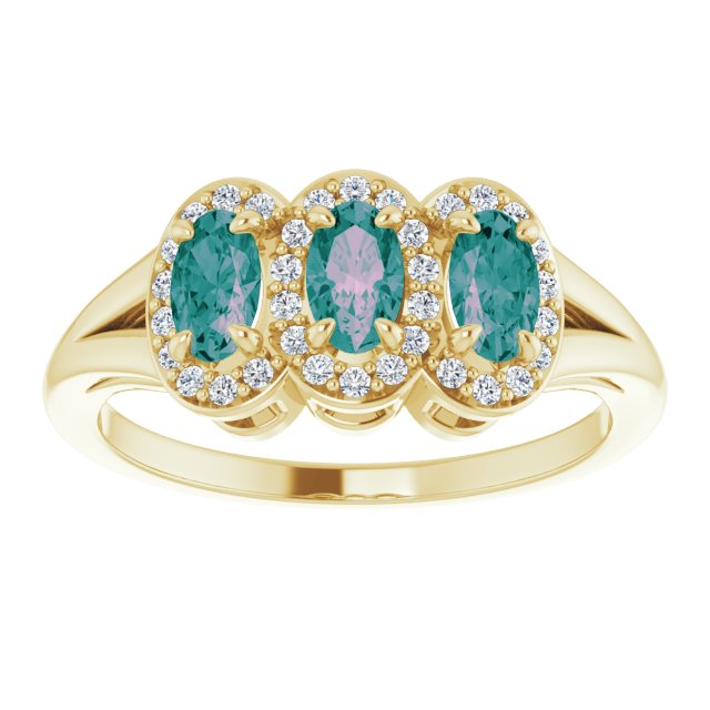 14K Gold Oval Lab-Grown Alexandrite & Natural Diamond Halo-Style Three-Stone Ring - Yellow Gold - view 3