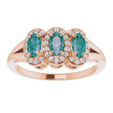 14K Gold Oval Lab-Grown Alexandrite & Natural Diamond Halo-Style Three-Stone Ring - Rose Gold - view 3