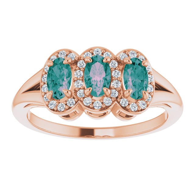 14K Gold Oval Lab-Grown Alexandrite & Natural Diamond Halo-Style Three-Stone Ring - Rose Gold - view 3