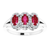 14K Gold Oval Natural Ruby & Natural Diamond Halo-Style Three-Stone Ring - White Gold - view 3