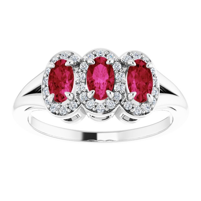 14K Gold Oval Natural Ruby & Natural Diamond Halo-Style Three-Stone Ring - White Gold - view 3