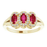 14K Gold Oval Natural Ruby & Natural Diamond Halo-Style Three-Stone Ring - Yellow Gold - view 3