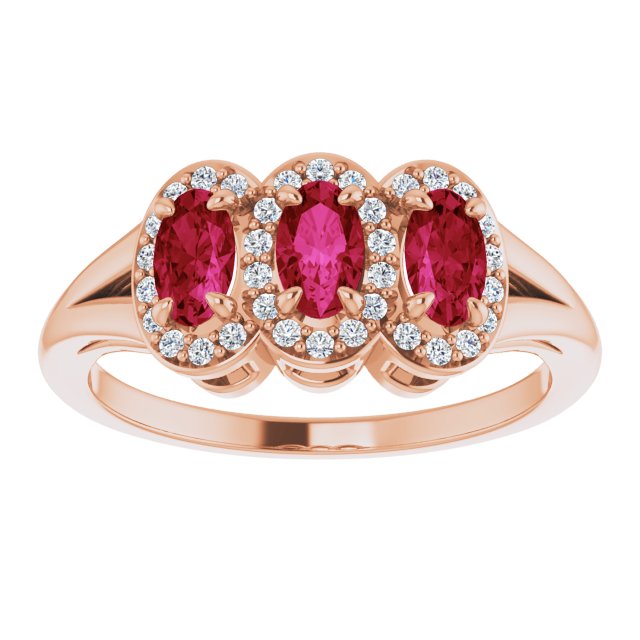 14K Gold Oval Natural Ruby & Natural Diamond Halo-Style Three-Stone Ring - Rose Gold - view 3