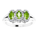 14K Gold Oval Natural Peridot & Natural Diamond Halo-Style Three-Stone Ring - White Gold - view 3