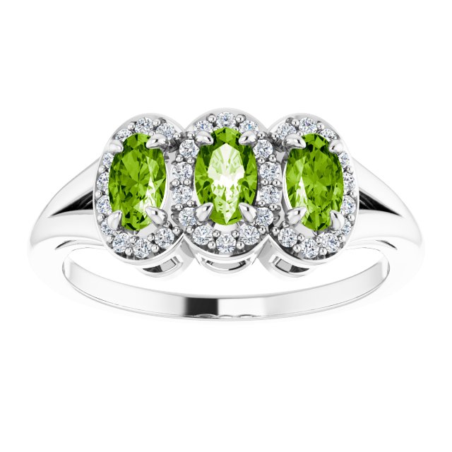 14K Gold Oval Natural Peridot & Natural Diamond Halo-Style Three-Stone Ring - White Gold - view 3