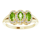 14K Gold Oval Natural Peridot & Natural Diamond Halo-Style Three-Stone Ring - Yellow Gold - view 3