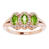 14K Gold Oval Natural Peridot & Natural Diamond Halo-Style Three-Stone Ring - Rose Gold - view 3