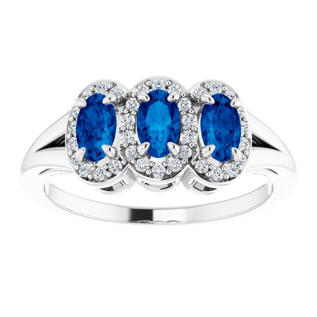 14K Gold Oval Lab-Grown Blue Sapphire & Natural Diamond Halo-Style Three-Stone Ring - White Gold - view 3