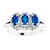 Platinum Oval Natural Blue Sapphire & Natural Diamond Halo-Style Three-Stone Ring - view 3
