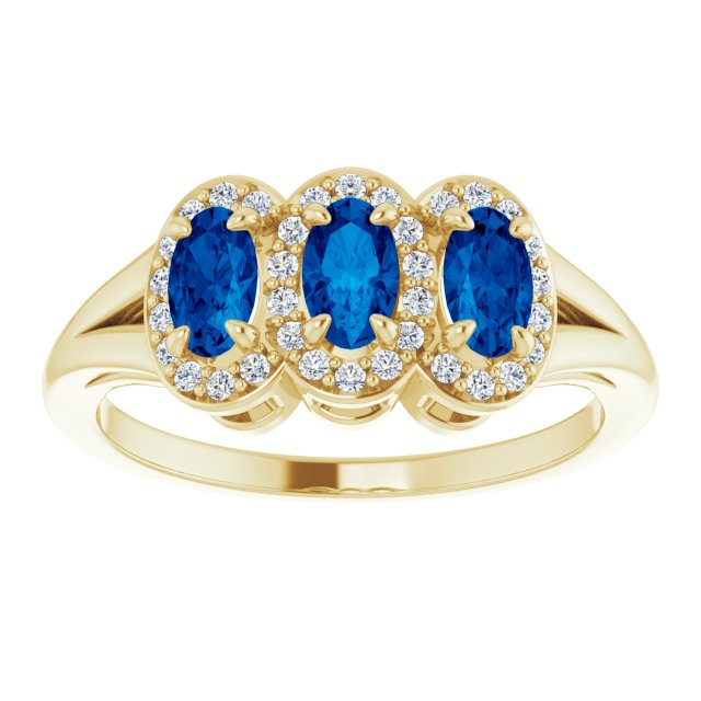 14K Gold Oval Natural Blue Sapphire & Natural Diamond Halo-Style Three-Stone Ring - Yellow Gold - view 3