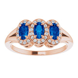14K Gold Oval Natural Blue Sapphire & Natural Diamond Halo-Style Three-Stone Ring - Rose Gold - view 3