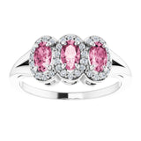Platinum Oval Natural Pink Tourmaline & Natural Diamond Halo-Style Three-Stone Ring - view 3
