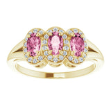 14K Gold Oval Natural Pink Tourmaline & Natural Diamond Halo-Style Three-Stone Ring - Yellow Gold - view 3
