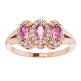 14K Gold Oval Natural Pink Tourmaline & Natural Diamond Halo-Style Three-Stone Ring - Rose Gold - view 3