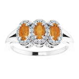 Platinum Oval Natural Citrine & Natural Diamond Halo-Style Three-Stone Ring - view 3