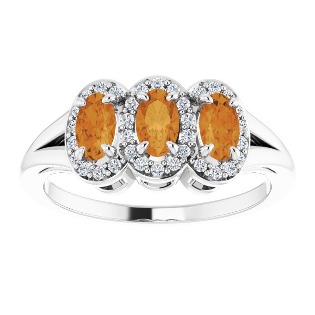 14K Gold Oval Natural Citrine & Natural Diamond Halo-Style Three-Stone Ring - White Gold - view 3