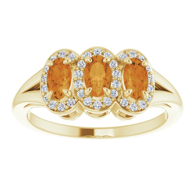 14K Gold Oval Natural Citrine & Natural Diamond Halo-Style Three-Stone Ring - Yellow Gold - view 3