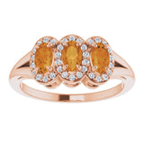 14K Gold Oval Natural Citrine & Natural Diamond Halo-Style Three-Stone Ring - Rose Gold - view 3