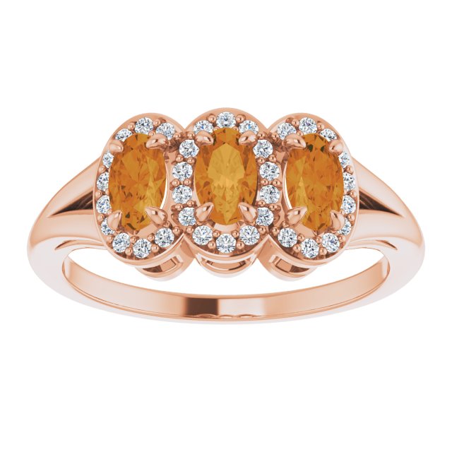 14K Gold Oval Natural Citrine & Natural Diamond Halo-Style Three-Stone Ring - Rose Gold - view 3