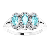 14K Gold Oval Natural Blue Zircon & Natural Diamond Halo-Style Three-Stone Ring - White Gold - view 3
