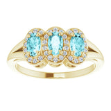 14K Gold Oval Natural Blue Zircon & Natural Diamond Halo-Style Three-Stone Ring - Yellow Gold - view 3