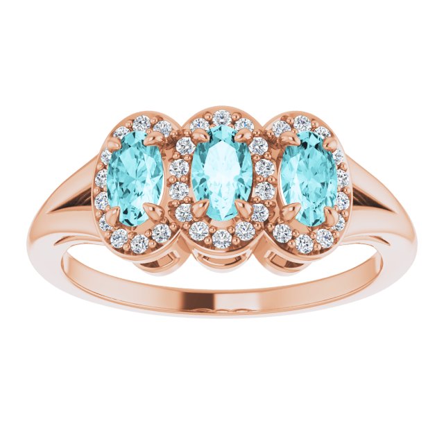 14K Gold Oval Natural Blue Zircon & Natural Diamond Halo-Style Three-Stone Ring - Rose Gold - view 3