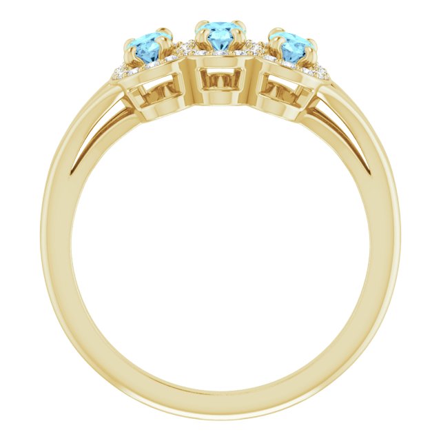 14K Gold Oval Natural Aquamarine & Natural Diamond Halo-Style Three-Stone Ring - Yellow Gold - view 2