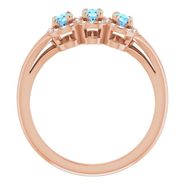 14K Gold Oval Natural Aquamarine & Natural Diamond Halo-Style Three-Stone Ring - Rose Gold - view 2