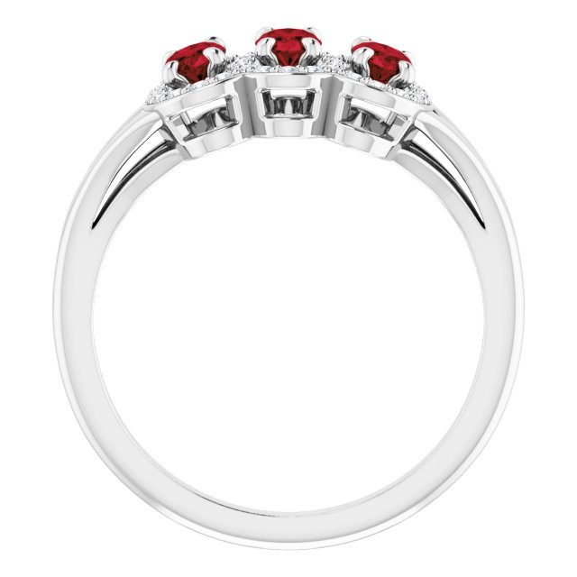 14K Gold Oval Natural Mozambique Garnet & Natural Diamond Halo-Style Three-Stone Ring – 5x3mm - White Gold - view 2