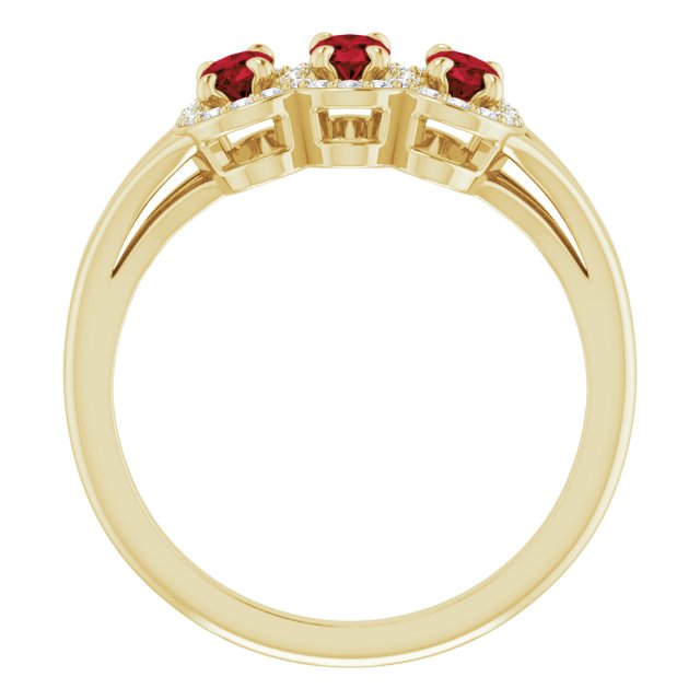 14K Gold Oval Natural Mozambique Garnet & Natural Diamond Halo-Style Three-Stone Ring – 5x3mm - Yellow Gold - view 2