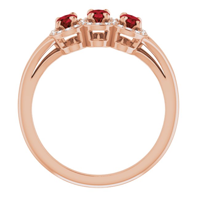 14K Gold Oval Natural Mozambique Garnet & Natural Diamond Halo-Style Three-Stone Ring – 5x3mm - Rose Gold - view 2